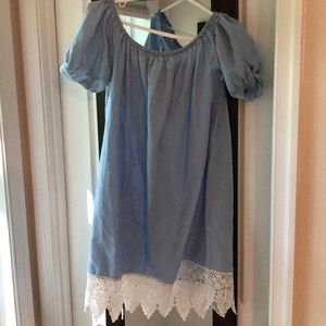 Baby blue top with white lace hem
